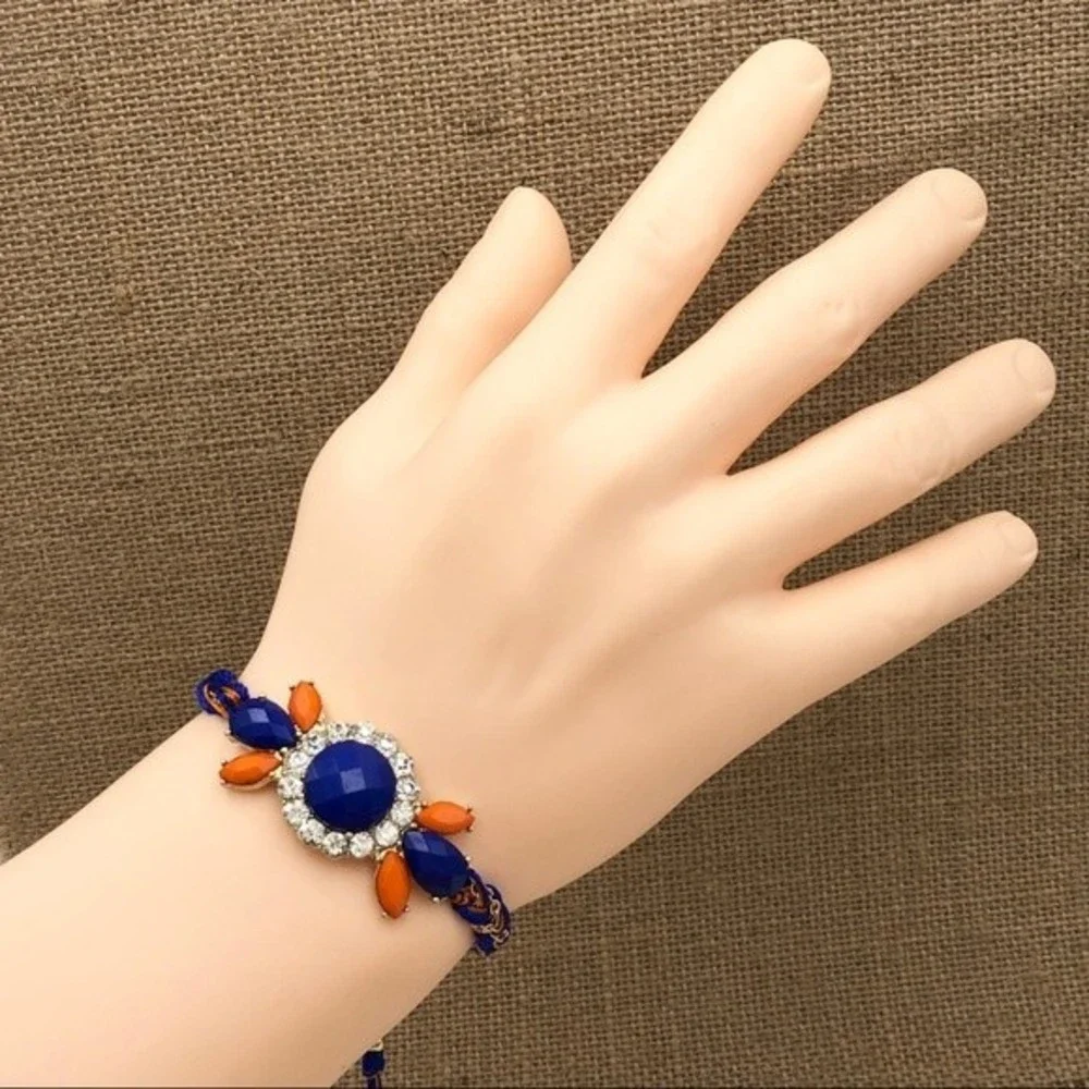 🌼 Orange Blue Rhinestone Thread Pull Tie Bracelet